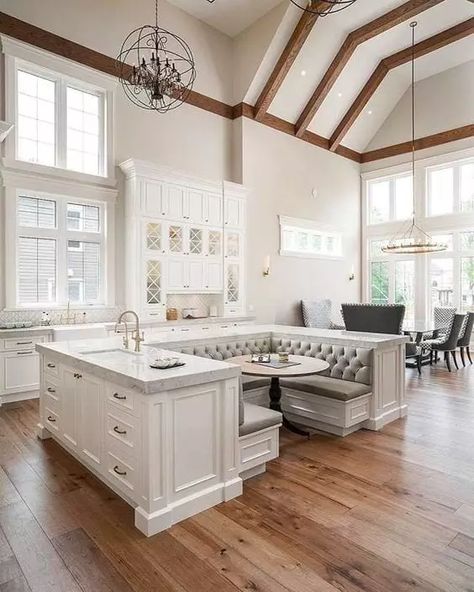 Kitchen Island Couch, Xl Kitchen Island, Big Kitchen With Island, Kitchen Into Living Room, Double Island Kitchen Layout, Big Open Kitchen, Seating In Kitchen, Booth Seating In Kitchen, Clean Interior Design