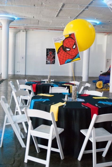 Modern Urban Superhero Party Superhero Fundraiser Ideas, Superhero Centerpiece Ideas Diy, Diy Superhero Centerpieces, Adult Superhero Party, Superhero Event, Superhero Corporate Event, Superhero Centerpiece, Felt Superhero, Dining Tablescapes