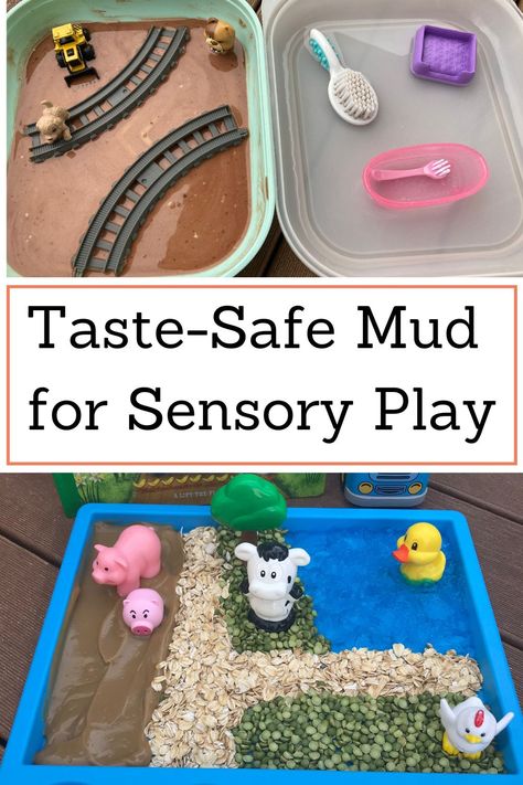 Taste-safe mud for sensory play Edible Mud Sensory Play, Sensory Bin Bases, Pudding Sensory Play, Oats Sensory Bin, Taste Safe Sensory Play One Year Old, Mud Sensory Bin, Taste Safe Mud, Sensory Corner, Glitter Jars Diy