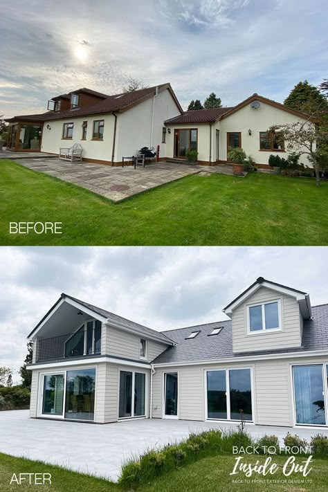 Transformation of cream bungalow with red tile roof to New England style with cream cladding, new slate roof and a gable extension. House Exterior Bungalow, Extension Exterior, Chalet Bungalow, Exterior Interior Design, Exterior House Renovation, Style Bungalow, Chalet Style, Slate Roof, New England Style