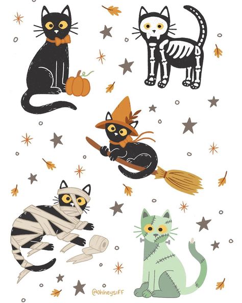 Fall Cat Illustration, Black Cat Halloween Illustration, Halloween Illustration Design, October Illustration, Halloween Cat Art, Spooky Cats, Casa Halloween, Autumn Illustration, Halloween Illustration