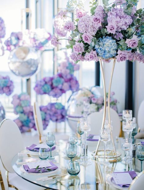 Purple and Blue Hydrangea Purple And Blue Event Decor, Blue Purple Quinceanera Theme, Purple And Blue Engagement Party, Garden Style Centerpieces Wedding, Light Blue And Purple Quinceanera Dresses, Blue Purple Decorations, Blue And Purple Party Decor, Royal Blue And Lilac Wedding Theme, Lilac And Blue Wedding Decor