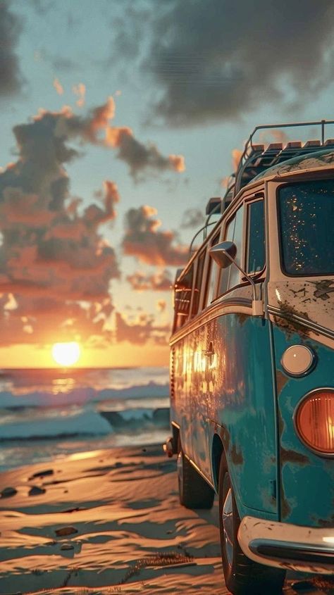 Volkswagen Bus Art, Combi Vw T2, Vw Bus Photo, Beach Phone Wallpaper, Van Volkswagen, T6 California, Van Tour, Bus Art, Vw Art