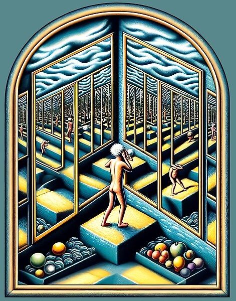 "What Difference Does It Make?" by The Smiths, depicted in the style of Surrealism and enclosed in a cartouche. The artwork features a figure trapped in a maze of mirrors, exploring the complexities of identity and existence. Mirror Maze Drawing, Maze Artwork, Expanded Painting, Maze Drawing, Mirror Maze, The Smiths, Character Ideas, Dream Kitchen, Will Smith