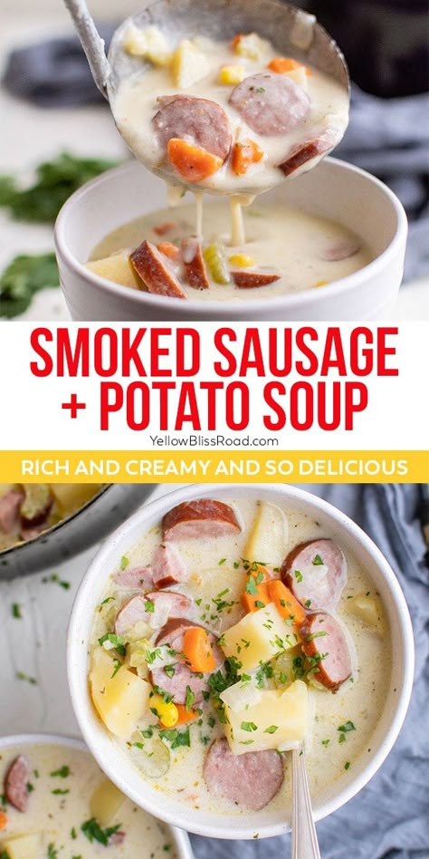 Kielbasa Sausage Potato Soup, Smoked Sausage And Potato Soup Crock Pot, Smoked Potato Soup, Sausage Potato Crockpot Soup, Potatoe Sausage Soup Recipes, Potatoe And Sausage Soup Creamy, Potato Farmer Sausage Soup, Smoked Sausage And Potatoes Soup, Dinner Recipes Using Smoked Sausage