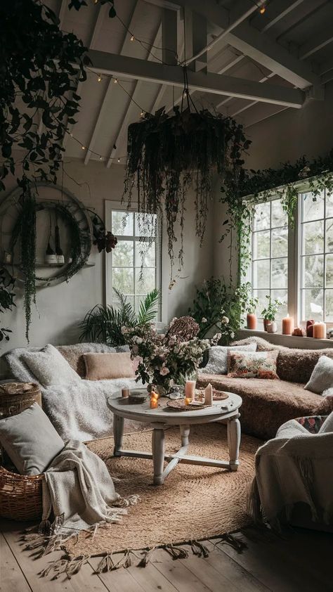 Fairy Light Living Room Decor, Enchanted Forest Theme Living Room, Living Room Fairy Lights Ideas, Forest Themed Living Room, Fairycore Living Room, Fairy Home Aesthetic, Fairy Lights Living Room, Cottagecore Aesthetic Living Room, Witch Living Room