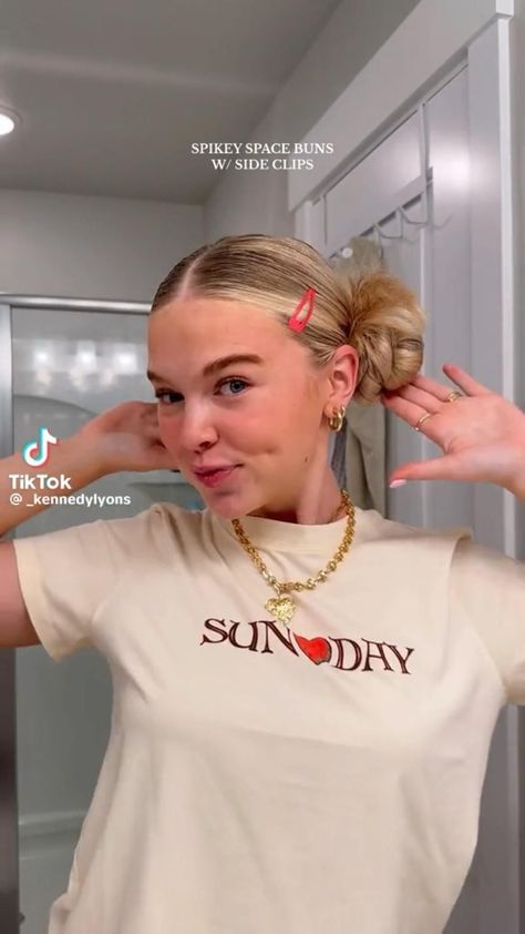 Tiktok_Kennedylyons Space Buns Outfit Fall, Space Buns For Thick Hair, Hair Updos Sporty, Space Buns For Thick Long Hair, How To Do Two Space Buns, Stacked Buns Hairstyle, Space Buns Long Hair Tutorial, Hairstyles For Sweatshirts, How To Do Space Buns With Long Hair