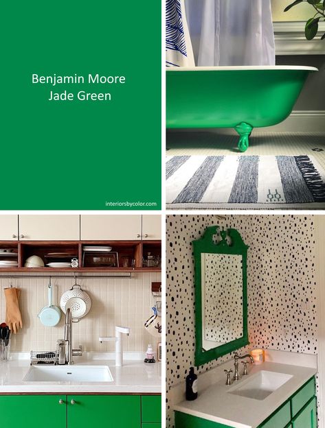 Benjamin Moore Jade Green - Interiors By Color Benjamin Moore Kelly Green, Jade Green Paint Colors, Jade Green Color Palette, Kelly Green Bathroom, Kelly Green Paint Color, Jade Paint, Nature Interior Design, Vibrant Bathroom, Green Bathroom Interior