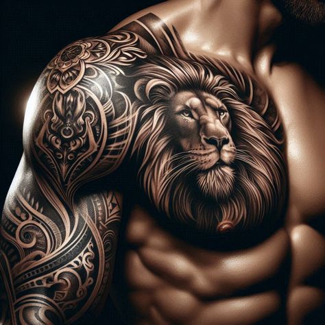 "Showcase your bravery with a realistic lion tattoo on your chest. The lifelike details capture the essence of this regal animal, making a bold and impressive statement. 🦁❤️ #RealisticLion #ChestTattoo #MenTattoos" Chest To Sleeve Tattoo Men, Lion Chest Tattoo Men, Realistic Lion Tattoo Design, Tattoo Chest And Shoulder, Tattoo Stencils For Men, Andy Tattoo, Lion Chest Tattoo, Lion Shoulder Tattoo, Turtle Tattoo Designs