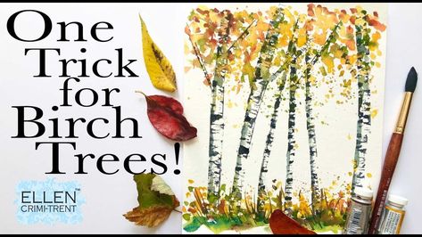 AD- Free One trick to create easy birch trees! | Ellen Crimi-Trent on Patreon Birch Tree Art Watercolor, Birch Tree Landscape Painting, Painting Birch Trees Tutorial, Watercolor Aspen Trees Tutorial, Watercolour Birch Trees Tutorial, How To Paint Birch Trees, How To Paint Birch Trees Step By Step, Birch Tree Painting Watercolor, Birch Tree Watercolor Painting