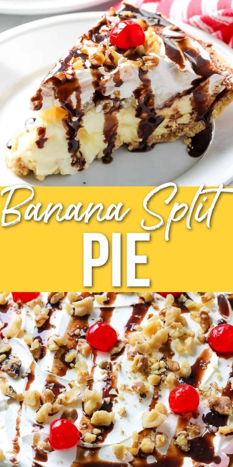 Banana Split Pie? Yes! Because the only thing better than a banana split from your favorite ice cream shop is an easy, no-bake Banana Split Pie from your very own kitchen. Obviously, this dessert is a hit at any summer party, but it’s great any time of year. Ready to dig in? Banana Split Dessert Recipes, Banana Split Pie, Bake Banana, Banana Split Cake, Banana Split Dessert, Summer Pie, Fluff Desserts, Cream Pie Recipes, Banana Dessert