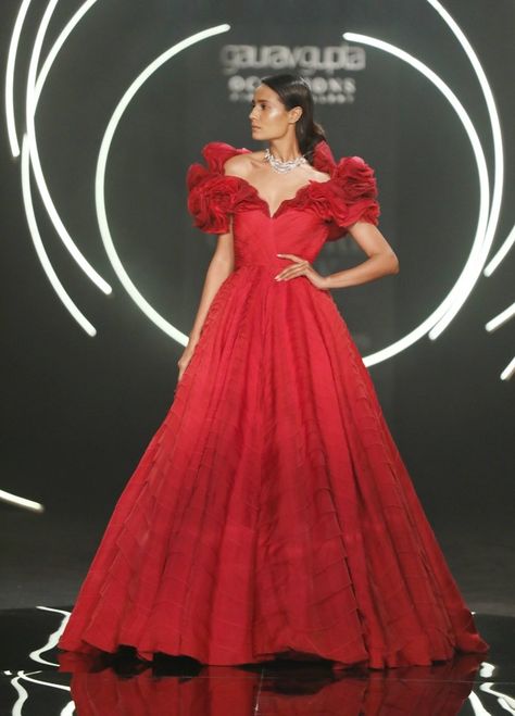 Gaurav Gupta Red Gown, Gaurav Gupta, Sea Goddess, Reception Gown, Diana Penty, Designer Wedding Gowns, Fashion Book, Saree Trends, Red Saree