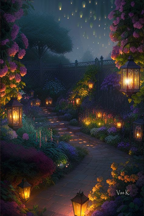 Fairy Garden At Night, Choices Backgrounds, Night Garden Aesthetic, Flora Aesthetic, Art Pictures Ideas, Night Landscape Photography, Clip Art Frames Borders, Fairytale House, Splash Images