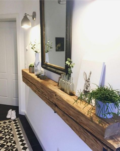 corner. Flur Industrial Style, Cheap Basement Remodel, Floating Console, Hallway Seating, Dining Room Shelves, Living Room Wall Units, Slab Table, Small Entryway, House Design Kitchen