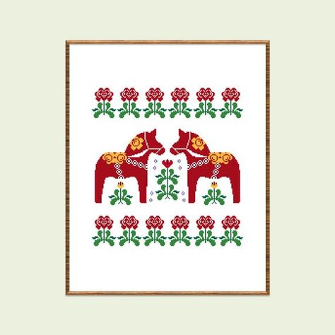 Cross stitch pattern PDF "Scandinavian Horses Dala" Modern folk counted x-stitch chart Swedish ethnic decor Nordic nursery design Nordic Cross Stitch, Scandinavian Cross Stitch Patterns, Christmas Ornament Cross Stitch, Floral Wreath Cross Stitch, Traditional Cross Stitch, Ukrainian Cross Stitch, Folk Cross Stitch, Wreath Cross Stitch, Letter Cross Stitch