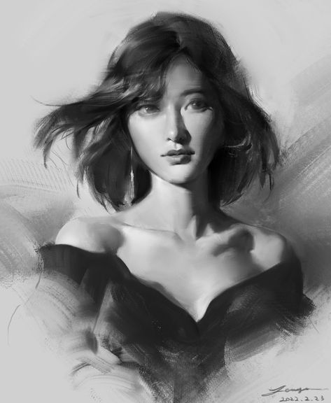 Digital Oil Painting Portrait, Greyscale Digital Art, Value Portrait, Wangjie Li, Value Drawing, Value Painting, Face Drawing Reference, Academic Art, Figure Sketching