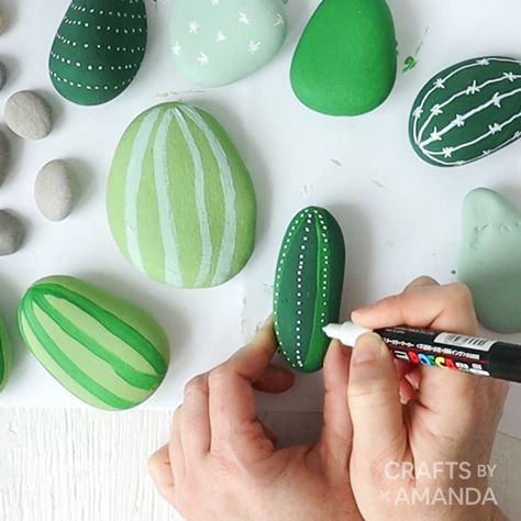 Stone Painting For Garden, Rock Cactus Painting, Diy Painted Garden Rocks, Painted Cactus Rocks, Cactus Rock Painting Ideas Easy, Cactus Rock Painting Ideas, Succulent Rock Painting, Rock Painting Cactus, Painted Rocks Succulents