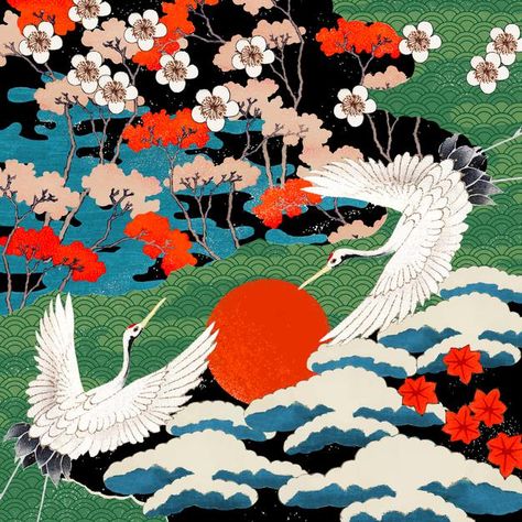 Vintage japanese art pattern illustratio... | Free Vector #Freepik #freevector #pattern #flower #abstract-background #design Art Wall Mural, Vintage Japanese Art, Japanese Crane, Door Murals, Stock Wallpaper, Floral Backdrop, Art Japonais, Japanese Painting, Pattern Illustration