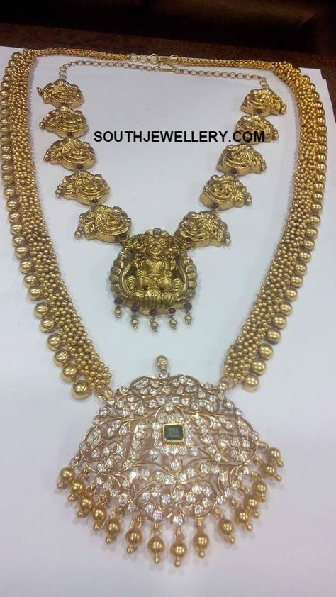 Antique Gold Haram with Diamond Pendant Antique Gold Haram, Haram Designs, Gold Haram, Wedding Jewelery, Jewellery Bridal, Online Gold Jewellery, Jewellery Wedding, Gold Pendant Jewelry, Indian Jewellery Design