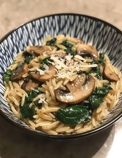 Creamy Spinach And Mushroom Orzo Julia, Orzo Creamy Parmesan, Creamy Parmesan Orzo With Broccoli, Creamy Steak And Parmesan Orzo, Creamy Mushroom Orzo, Orzo And Spinach Recipes, Spinach Mushroom Orzo, Mushroom Spinach Orzo, Orzo With Mushrooms