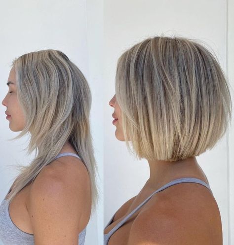 Short Blonde Bob Before and After Pelo Color Ceniza, Short Blonde Hair Ideas, Ash Blonde Short Hair, Long Sleek Hair, Short Blonde Bobs, Short Hair Highlights, Blonde Hair Ideas, Short White Hair, Haircuts For Thick Hair