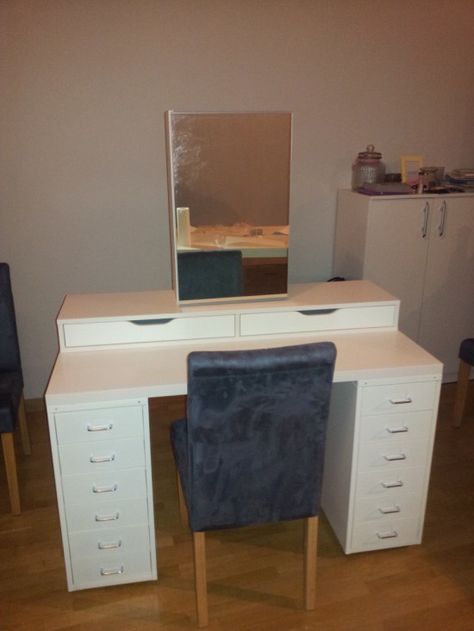 An affordable IKEA dressing table (makeup vanity) - IKEA Hackers Ikea Dressing Table Alex Drawers, Corner Vanity Makeup Dressing Tables, Ekby Alex Hack Makeup Vanities, Ikea Dressing Table Mirror, Ikea Hacks Makeup Vanity, Dressing Table Hacks, Closet Vanity Ideas, Ikea White Dressing Table, Ikea Hack Vanity