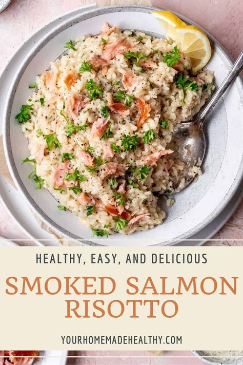 This Smoked Salmon Risotto dish is the perfect meal to make when you're craving a decadent meal at home. Creamy, buttery Arborio rice paired with the mild smokey flavor from hickory smoked salmon is unbelievably flavorful and delicious! Enjoy this Italian favorite in the comfort of your kitchen in less than an hour. Smoked Salmon And Rice, Smoked Salmon Dinner, Risotto Salmon, Smoked Salmon Risotto, Salmon Risotto, Spinach Risotto, Smoked Salmon Pasta, Risotto Dishes, Italian Diet