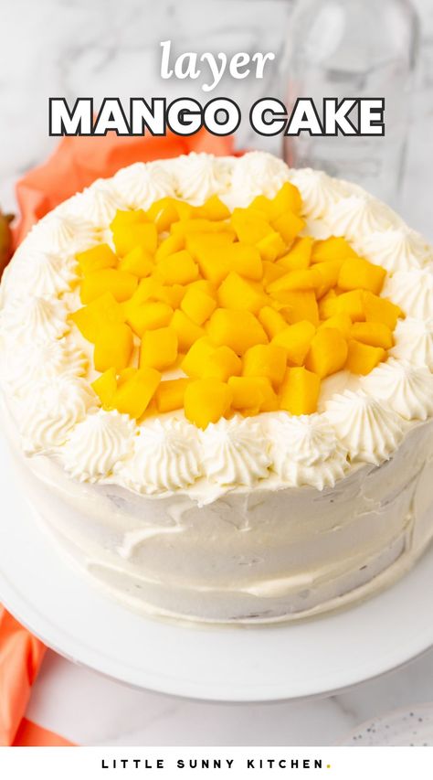 You'll love this simple and delicious Mango Cake with vanilla sponge, whipped cream frosting, and fresh mango puree filling. Eggless Pudding, Mango Cake Recipe, Cakes Without Butter, Cake Mango, Mango Dessert Recipes, Mango Dessert, Eggless Cake Recipe, Mango Cake, Eggless Desserts