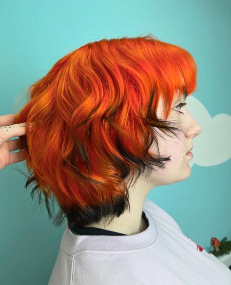 Sign us up for an Electric Tiger Lily transformation 🐯🔥 Extremely bold and extremely bright, that's what we look for in our orange semi-permanent hair dyes 🍑  @hairbygeorgiaa_ 🐯  #manicpanic #manicpanicprofessional #hair #haircare #hairstylist #hairinspo #healthyhair #hairstyles #hairsalon #crueltyfreebeauty #haircolor #veganhair #crueltyfreehairdye #saloninternational Sunset Colored Hair, Brown Hair With Orange Tips, Tiger Hair Color, Orange Blue Hair, Fox Dyed Hair, Purple And Orange Hair, Dyed Ginger Hair, Orange Hair Short, Orange And Black Hair