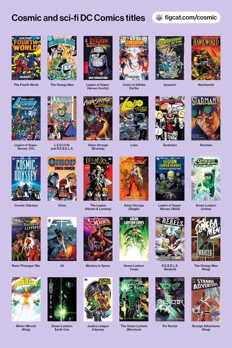 A grid of 30 covers of sci-fi comics published by DC, including Fourth World, Omega Men (original and Tom King version), Legion of Super-Heroes (various volumes), Crisis on Infinite Earths, Invasion!, Hawkworld, L.E.G.I.O.N., Adam Strange, Lobo, Darkstars, Starman, Cosmic Odyssey, Orion, Green Lantern (various volumes), Rann–Thanagar War, 52, Mystery in Space, Green Lantern Corps, R.E.B.E.L.S., Mister Miracle, Green Lantern: Earth One, Justice League Odyssey, Far Sector, and Strange Adventures. Book Charts, Superhero Books, Reading List Challenge, The Infinity Gauntlet, Superhero Stories, Infinity Gauntlet, Marvel And Dc, Top Manga, Sci Fi Comics