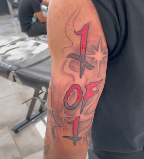 1 Of 1 Tattoo Men Forearm, Tattoo With Color For Men, Meaningful Tattoos For Guys Sleeve, Men’s Red Ink Tattoo, Medium Men Tattoos, No Handouts Tattoo, 1 Of 1 Tattoo Red Ink Men, One Of One Tattoo Men, 4arm Tattoo Men