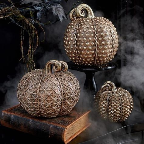 This Brand's Halloween Decor Is So Spooky-Cute, We May Just Start Decorating in August Grid Overlay, Pumpkin Display, Pumpkin Door Hanger, Pretty Pumpkins, Gold Pumpkins, Artificial Pumpkins, Halloween Time, Pumpkin Ideas, Pumpkin Lights