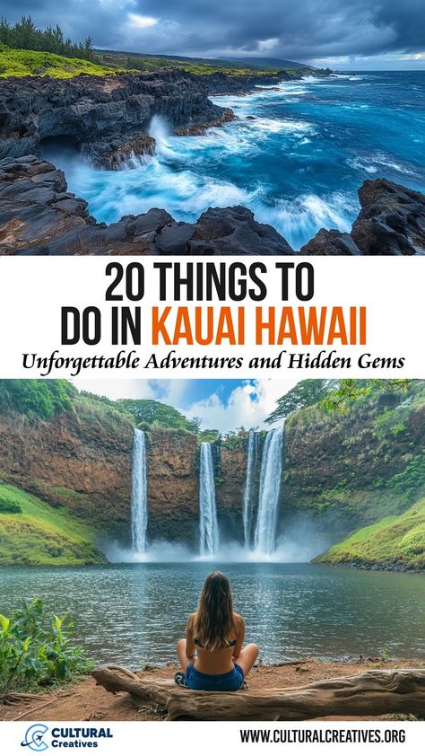 A rugged coastal view of crashing waves against black lava rocks and a serene scene of a woman sitting in front of a waterfall, highlighting the natural beauty and adventure opportunities for 20 Things to Do in Kauai Hawaii. Best Luau In Kauai, Must Do In Kauai, Hilo Hawaii Things To Do In, Kauai Beaches, "kaui Hawaii", Things To Do In Kauai, Kauai Hawaii Things To Do In, Kauai Hawaii Aesthetic, Kuai Hawaii