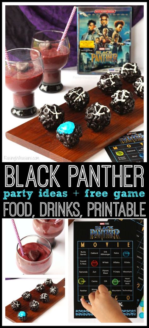 Black Panther Party Ideas | Party food, drinks, FREE printable game & more. Perfect for family movie night or kids birthday party #BlackPanther via @raisingwhasians (AD) Black Panther Party Ideas, Marvel Recipes, Wakanda Party, Marvel Marathon, Black Panther Birthday Party, Birthday Movie Night, 2023 Oscars, Slumber Party Games, Free Printable Games