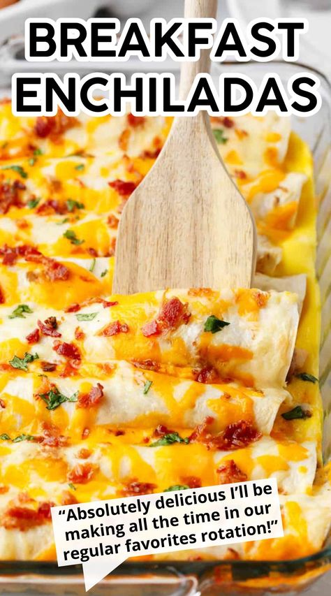 Assemble these overnight breakfast enchiladas the night before and bake in the morning! Tortillas are stuffed with sausage, potatoes, and cheese then covered in a creamy egg sauce, it’s super easy and delicious! Overnight Breakfast Enchiladas, Menu Sarapan Sehat, Resep Pasta, Breakfast Enchiladas, Breakfast Casserole Recipe, Overnight Breakfast Casserole, Overnight Breakfast, Recipe Breakfast, Breakfast Recipes Casserole