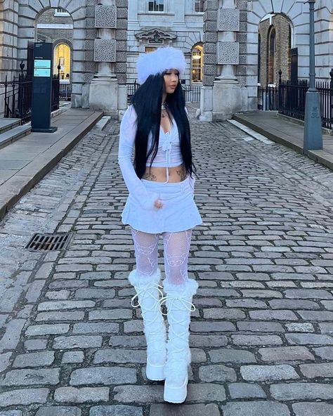 White Fuzzy Boots, White Rave Outfits, Winter Rave Outfits, White Boots Outfit, Bratz Doll Outfits, Rave Looks, Rave Fits, Rave Outfit, Cute Lazy Day Outfits