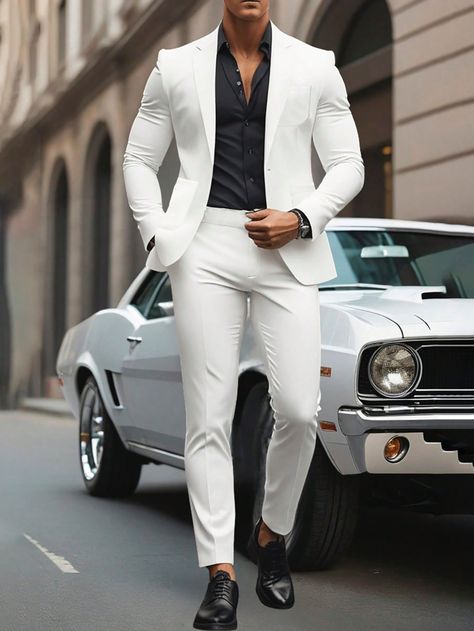 Manfinity Mode Men Solid Color Suit Jacket And Pants Set SuitI discovered amazing products on SHEIN.com, come check them out! Social Outfits, Mens White Suit, Heaven Wedding, Jacket And Pants Set, Dream Proposal, Clothing Aesthetics, Surprise Engagement, Men Blazer, Wedding Week