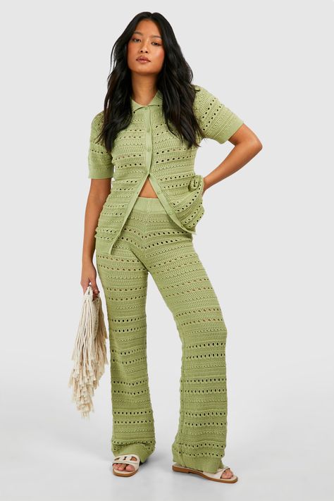 Petite Crochet Knitted Shirt And Wide Leg Trouser Co-ord Crochet Pants Outfit, Crochet Co Ord, Shirt And Wide Leg Pants, Leopard Outfits, Knitted Shirt, Outfits Modest, Vegas Outfit, Honeymoon Outfits, Trouser Co Ord