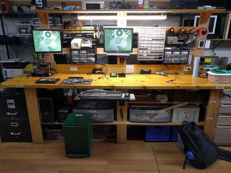 Imgur Post - Imgur Electronics Repair Shop Design, Electronic Repair Shop, Computer Repair Workbench, Desks Aesthetic, Electronics Lab Workbenches, Workbench Desk, Robotics Workshop, Computer Repair Shop, Garage Systems