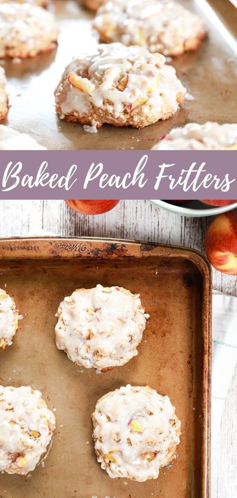 Baked peach fritters on a baking sheet Peach Fritters, Desserts Gluten Free, Baked Peach, Desserts Healthy, Healthy Summer Desserts, Fritters Recipe, Peach Desserts, Baked Fruit, Popular Desserts