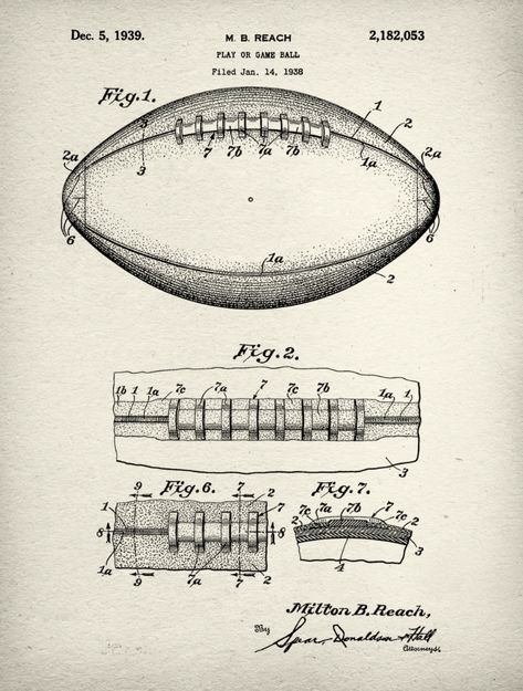 "Football Patent Print Art on Canvas. Large Wall Art in various sizes. Stretched, Framed & Ready to hang using artist grade materials. No need to spend a fortune on custom framing. Unique art makes a great gift for any Football Fan or makes for great decor for your man cave or sports themed kids room. Sizes up to 30\"w x 40\"h. This particular football invention was patented by M.B. Reach in 1939. This vintage patent art has been restored and digitally enhanced to maintain integrity of the o Themed Kids Room, Boy Room Art, Man Cave Art, Cow Canvas, Sports Decorations, Patent Art, Sports Art, Patent Prints, Vintage Art Prints