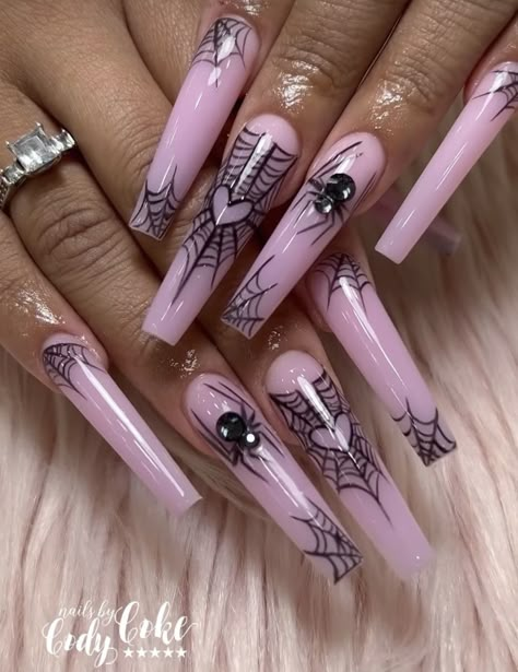 Halloween Nails Acrylic Stiletto, Pink Spider Web Nails, Pink And Black Halloween Nails, Black Halloween Nails, Long Stiletto Nails, Halloween Acrylic Nails, Punk Nails, Blue Acrylic Nails, Pink Corset