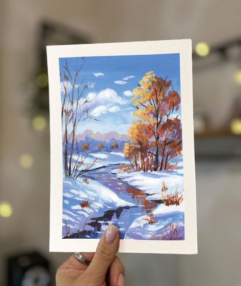 Gouache Painting Inspiration, Landscape Gouache Painting, Gouache Christmas, Winter Process Art, Gouache Landscape, Drawing Scenery, Small Wall Decor, Gouache Paints, Gouache Art