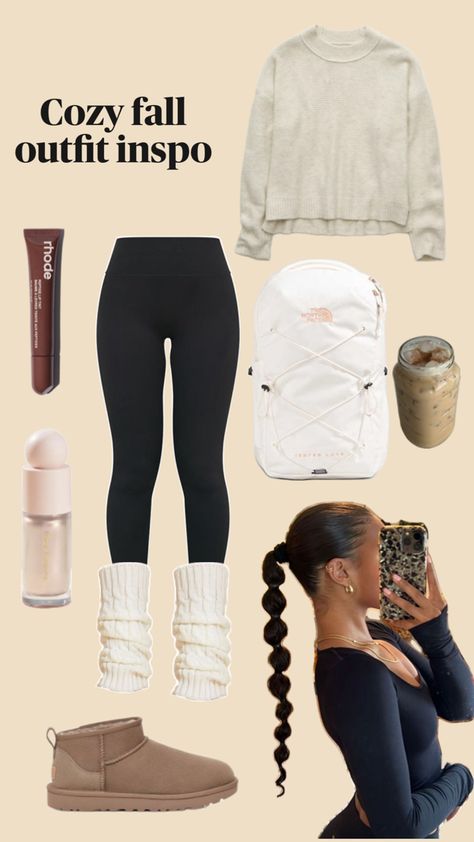 Fall / autumn / winter outfit inspiration that is perfect for school or fall weather! Outfit features Ugg boots, leggings, sweater, leg warmers, north face backpack, Rhodes lip balm, and rare beauty. #Halloween #fallreset24 #fit #makeup #hair #warm #fallvibes Outfit With Uggs, Ugg Boots Outfit, Fall Outfit Inspiration, Winter Outfits For School, Cozy Fall Outfits, Uggs Outfit, Winter Outfit Inspiration, Rare Beauty, Outfit Inspiration Fall