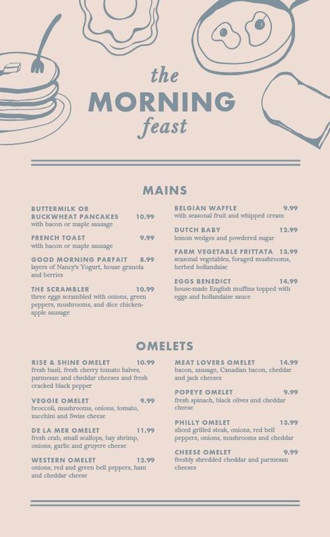 Breakfast Diner Menu Ideas, Breakfast Menus Design, Breakfast Cafe Menu Ideas, Brunch Menu Design Ideas, Breakfast Menu Design Ideas, Breakfast Cafe Design, Breakfast Menu Ideas Restaurant, Cafe Breakfast Menu Ideas, Cafe Menu Ideas Food