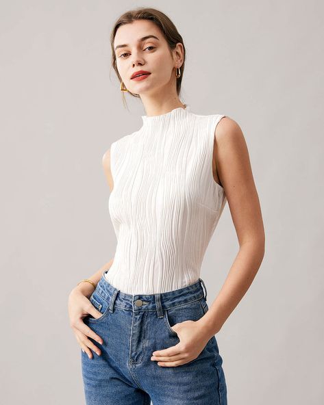 White Mock Neck, Textured Tank Top, Tailored Clothes, Solid Tank Tops, Ribbed Turtleneck Sweater, Textured Top, Ribbed Turtleneck, Ribbed Tank Tops, Workout Tank Tops