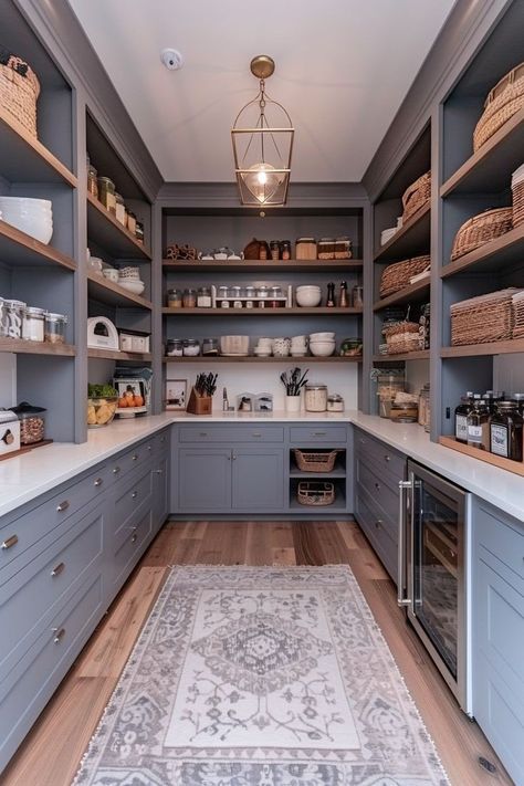 Open Kitchen With Butler Pantry, Large Pantry Room Ideas, Colored Pantry Cabinets, Butlers Pantry Window, Modern Farmhouse Kitchen With Butlers Pantry, Wine Storage In Pantry, Walk Through Pantry To Laundry, Walk In Pantry With Sink, Pantry Hallway