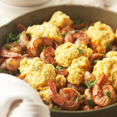 This Cajun Shrimp and Corn Bread Casserole is brimming with colorful vegetables and topped with fluffy cornbread dumplings. More healthy casserole recipes: http://www.bhg.com/recipes/quick-easy/make-ahead-meals/healthy-casserole-recipes/ #myplate Sausage Stir Fry, Bread Casserole, Fall Casseroles, Shrimp And Corn, Shrimp Jambalaya, Shrimp Casserole, Bread Dumplings, Healthy Casserole Recipes, Cornbread Casserole