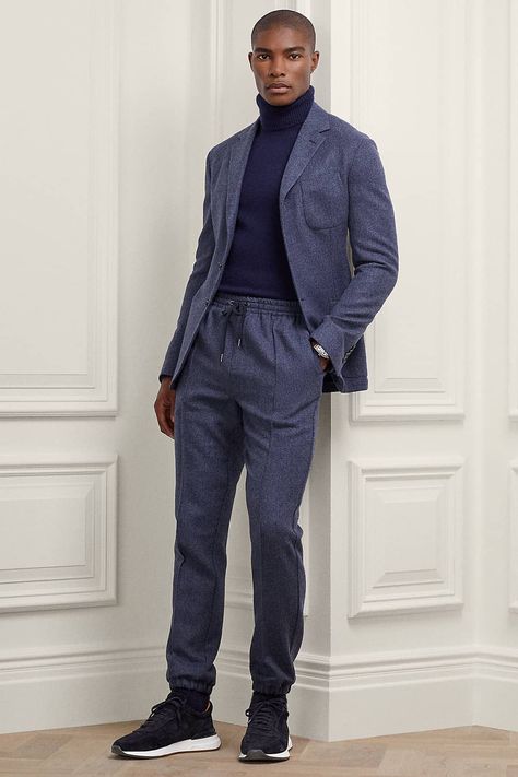 Turtleneck Suit, Navy Tuxedos, Charcoal Suit, Flannel Suit, Navy Sneakers, Light Grey Suits, Navy Outfit, Check Suit, White Turtleneck