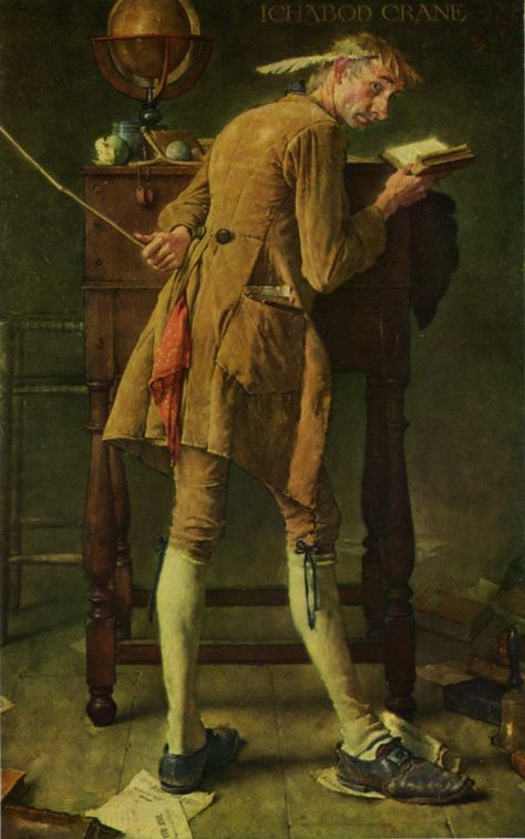 "Ichabod Crane", 1937. Norman Rockwell (1894-1978), American artist. Norman Rockwell Museum, Massachusetts, USA.  #Globe Ichabod Crane, Norman Rockwell Art, Rockwell Paintings, Norman Rockwell Paintings, The Legend Of Sleepy Hollow, Legend Of Sleepy Hollow, Washington Irving, Headless Horseman, Love Is Not